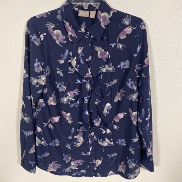 Chico's Tops - Chico Woman's Button‎ Up Blouse Ruffle Front Size 0 Long Sleeve X1